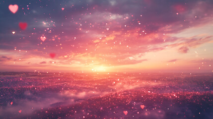 Naklejka premium dreamy sunset landscape with hearts and sparkles in sky