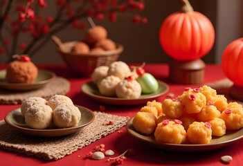 Mid-Autumn Festival concept, Traditional mooncakes on table with teacup.Chinese translation on moon cake: Nuts
