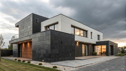 Modern Minimalist Private Black House With Striking Architecture Located in a Peaceful Neighborhood at Sunset. Generative AI