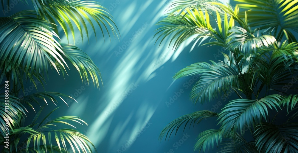 Poster serene palm leaves silhouette on light background with soft shadow and gentle natural light