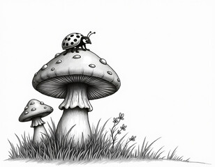 Drawing black and white : close-up of the mushroom with the ladybug on the top forest under the tree