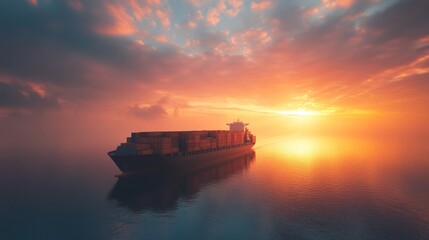 Obraz premium A ship full of cargo containers sailing across calm waters at sunrise. 