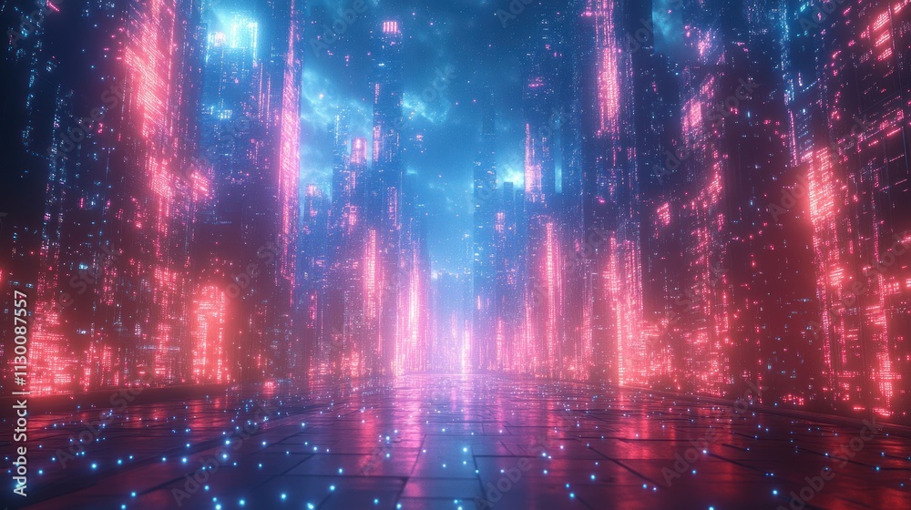 Poster Futuristic Neon Landscape with Geometric Shapes in Cyberpunk Style 3D Background with Vibrant Lighting and Depth Perspective