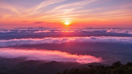 Fototapeta premium Breathtaking vista of majestic sunrise in mountain scenery with clouds and foggy environment