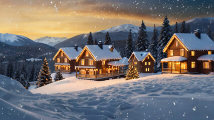 Fototapeta premium Abstract Christmas Winter Panorama with Wooden Houses Christmas String Lights in Cold Snow Landscape and Glowing Golden Lights in Background. Panorama, Banner. Christmas or Energy themes