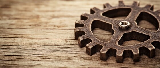 Exploring industrial mechanics vintage gear on rustic wood close-up detailed textures artistic perspective
