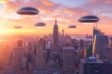 UFOs Over Manhattan Sunset 