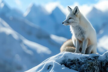 a cute white fox sitting gracefully on a snow-covered rocky ledge, with a backdrop of majestic snowy peaks and a clear blue sky..