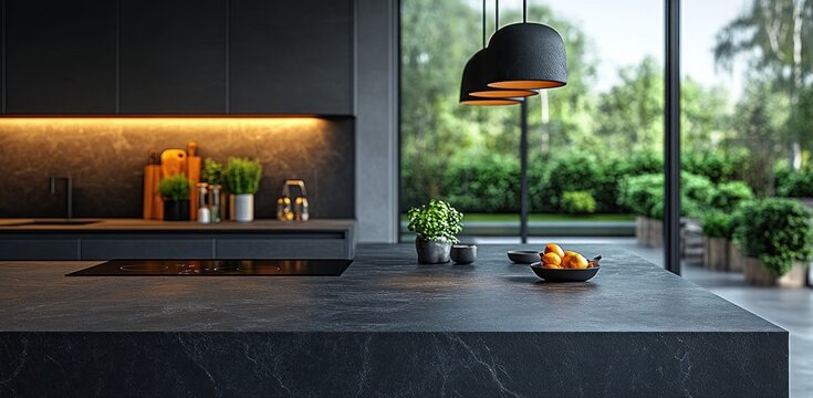 Modern black marble kitchen countertop minimalist design elegant simplicity in stylish interior with low lighting
