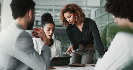 Business people, tablet and planning in meeting, teamwork and conversation with internet. Sales...
