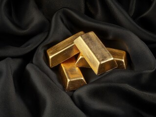 Luxurious Gold Bars Nestled in Black Silk Fabric