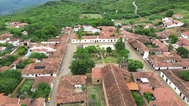 Aerial establishing overview of Guane village, historic rooftops and cobblestone streets, Colombia, scenic spot