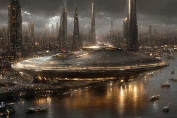 Futuristic Cityscape with Spaceship Docked at Night