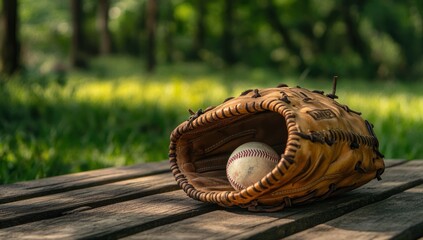Baseball Glove and Ball on Wooden Bench