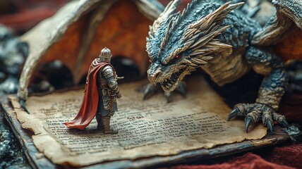 Miniature knight facing a dragon figurine on an ancient book