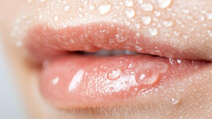 Fototapeta premium Soft pink lips glisten with water droplets, capturing a moment of freshness and hydration in gentle illumination