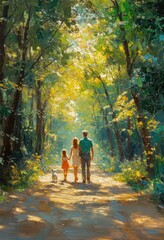 Fototapeta premium Joyful Asian Family Enjoying Picnic in Lush Green Park with Dog