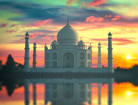 Taj Mahal in Agra with dramatic sunrise. Agra. India.