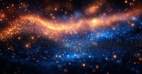 Fototapeta premium Abstract Background with Golden and Blue Glitter Particles Bokeh Effect, Holiday Shine Light Texture and Mystic Sparkle