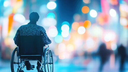 Obraz premium Silhouette of a person in a wheelchair against a colorful bokeh-lit urban backdrop, representing inclusivity and independence.