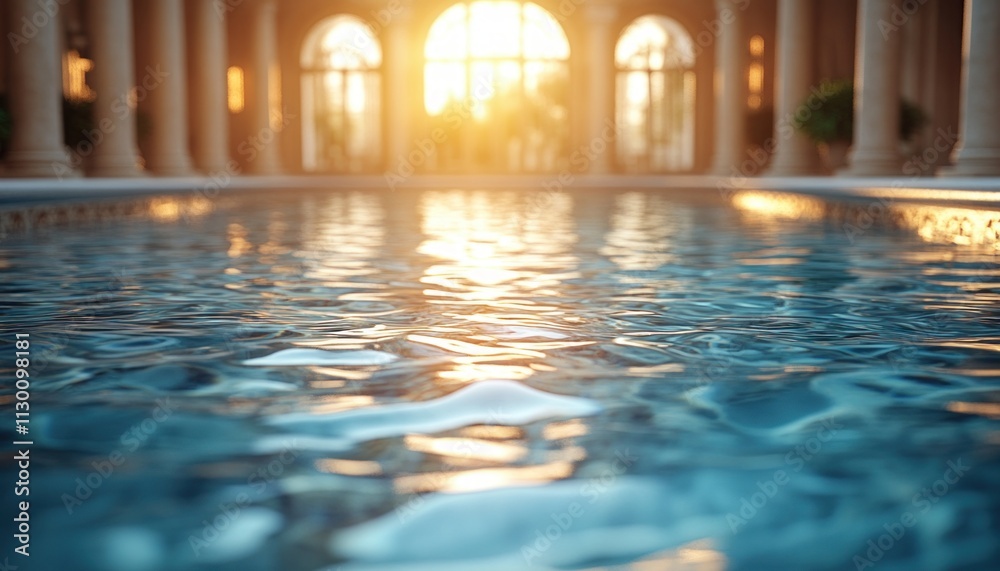 Poster luxury poolside view with marble edge and blurred background