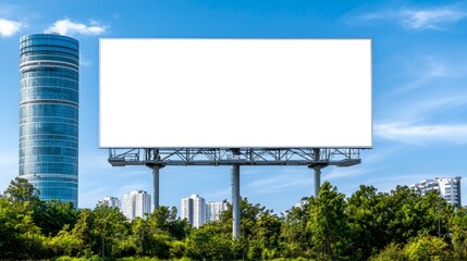 Fototapeta premium Modern Minimalist Banner Billboard with Copy Space Against Tall Office Building Background. 3D rendering