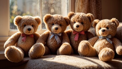 Fototapeta premium Row of teddy bears on a wooden bench indoors