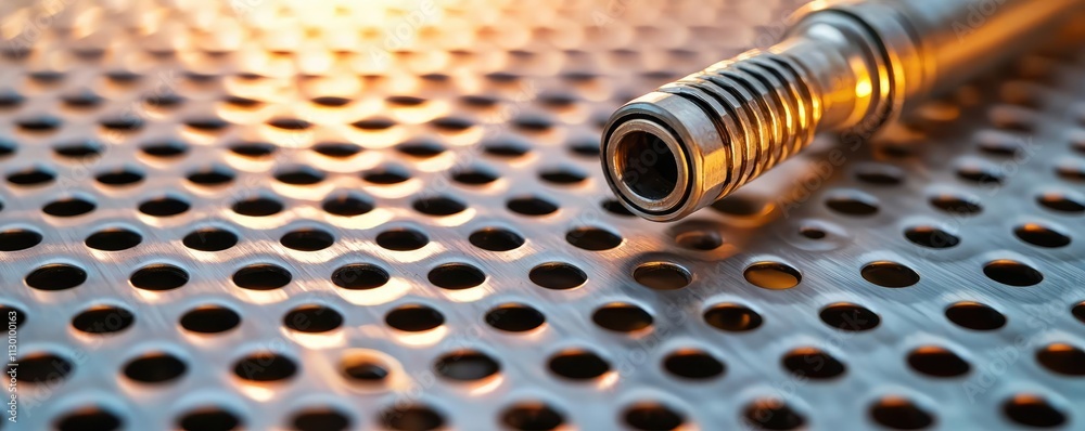 Poster Close-up of a metallic component on a perforated surface with warm lighting.