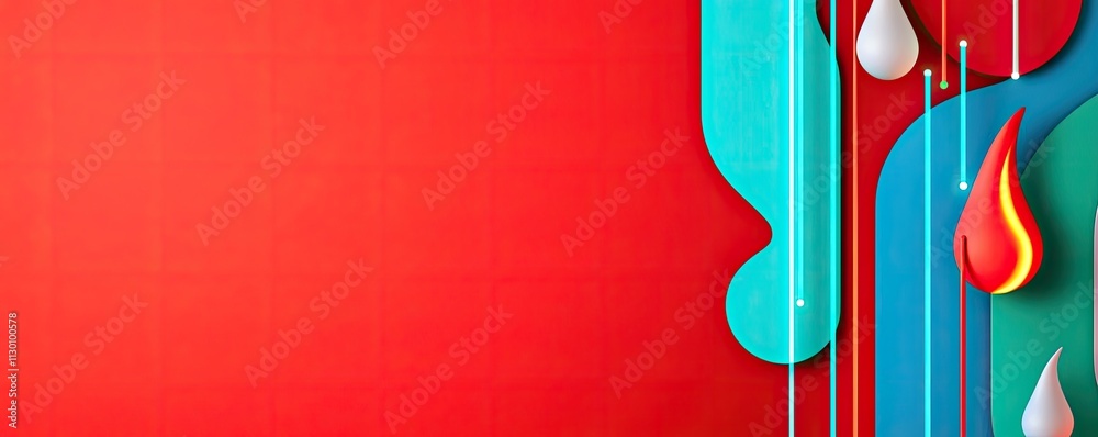 Poster Vibrant abstract design with multicolor shapes and dynamic elements on a red background.