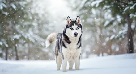Siberian husky standing in winter snowfall in pine forest tranquility