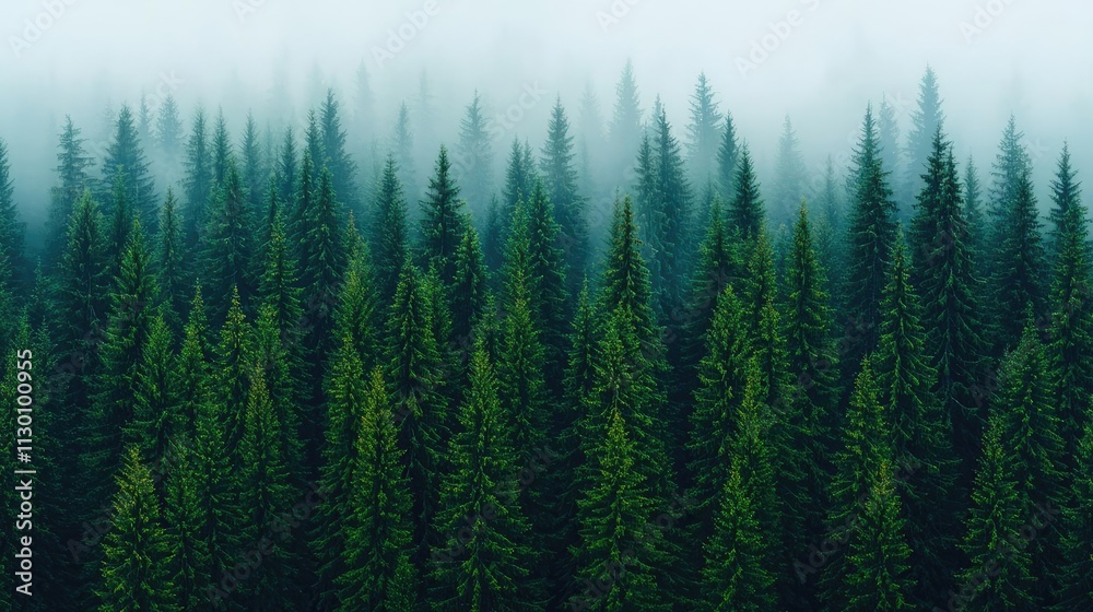 Poster a serene view of dense evergreen trees in a misty forest, evoking tranquility and peace.