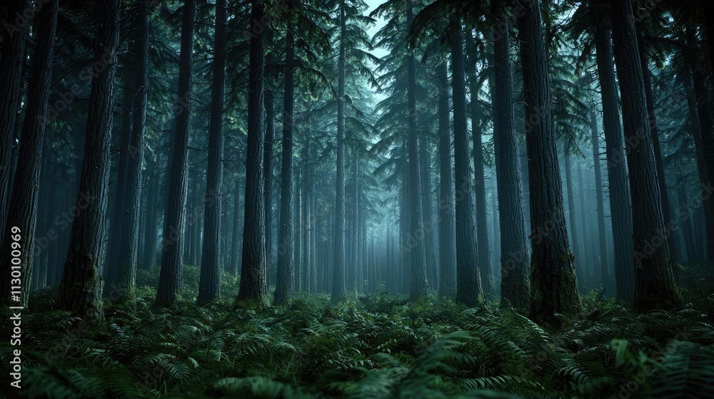 Aufkleber misty forest scene revealing tall trees and lush greenery in a serene atmosphere.