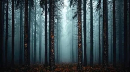 Fototapeta premium Enchanting forest shrouded in mist, showcasing tall trees and tranquil atmosphere.