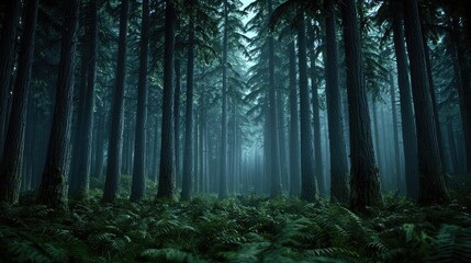 Obraz premium Misty forest scene revealing tall trees and lush greenery in a serene atmosphere.