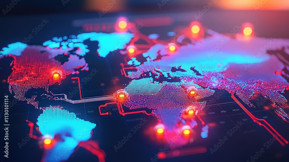 Poster A digital world map showcasing network connections and glowing markers.