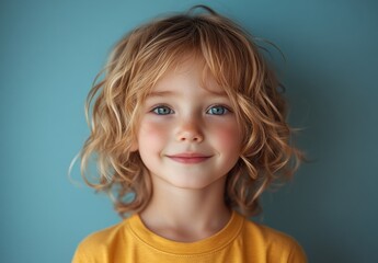 Naklejka premium Cheerful Portrait of Asian Child in Yellow T-shirt on Blue Background