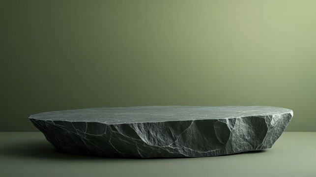 A jagged slate podium with clean, sharp lines and a smooth surface, on a muted olive background