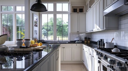 A contemporary kitchen with white cabinets, black granite countertops