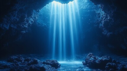 Obraz premium Mystical Waterfall Cascading into Glowing Crystal Cave Backdrop