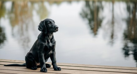 Young black labrador puppy sitting by a serene lake on a wooden deck