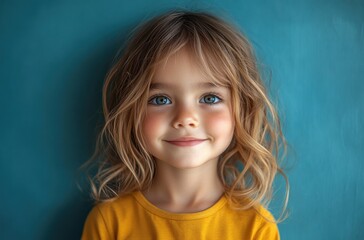 Naklejka premium Cheerful Asian Child in Yellow Shirt on Blue Background