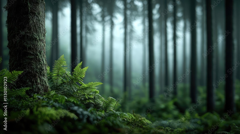 Poster Mysterious forest scene with lush ferns and tall trees, enveloped in soft misty light.