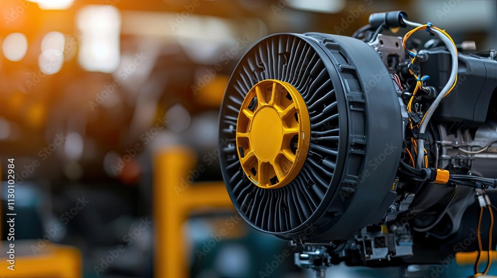 Aufkleber close-up of a modern industrial engine showing advanced mechanical design and details.