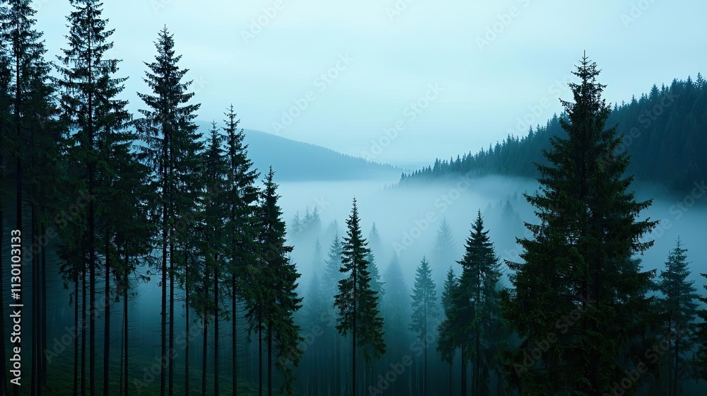 Poster misty forest landscape with tall trees, creating a serene and tranquil atmosphere.