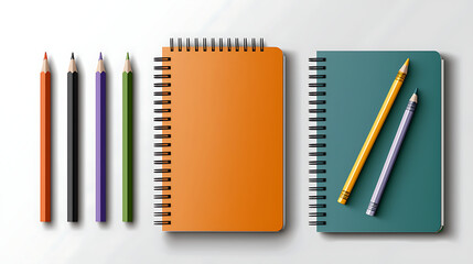 A set of pencils and notebooks are displayed on a table