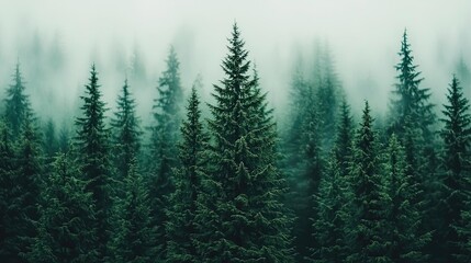 Fototapeta premium Misty forest landscape with towering evergreen trees in a serene, tranquil setting.
