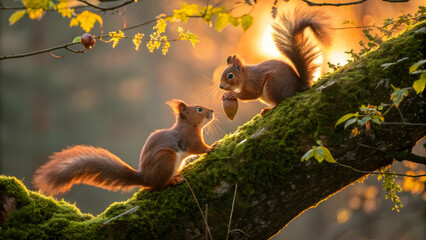 Obraz premium Golden Hour Squirrels Playing on a Mossy Forest Branch
