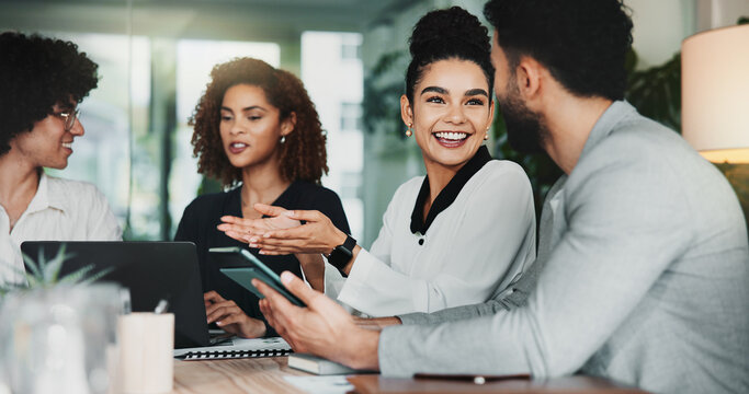 Meeting, project management and tablet with business people in office for design discussion. Collaboration, conversation and web development with employee team in workplace for planning or strategy