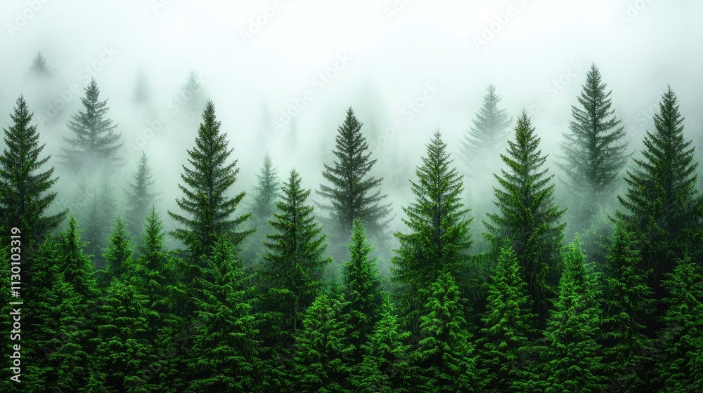 Poster dense evergreen forest shrouded in mist, creating a serene and tranquil atmosphere.