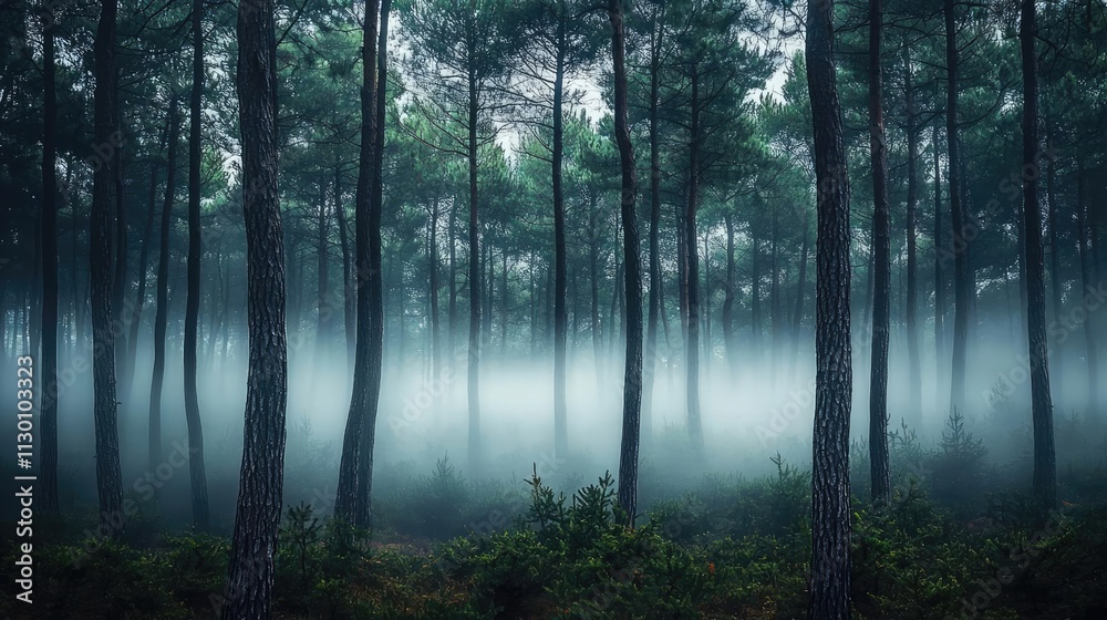 Poster mysterious forest shrouded in fog, showcasing tall trees and a serene atmosphere.